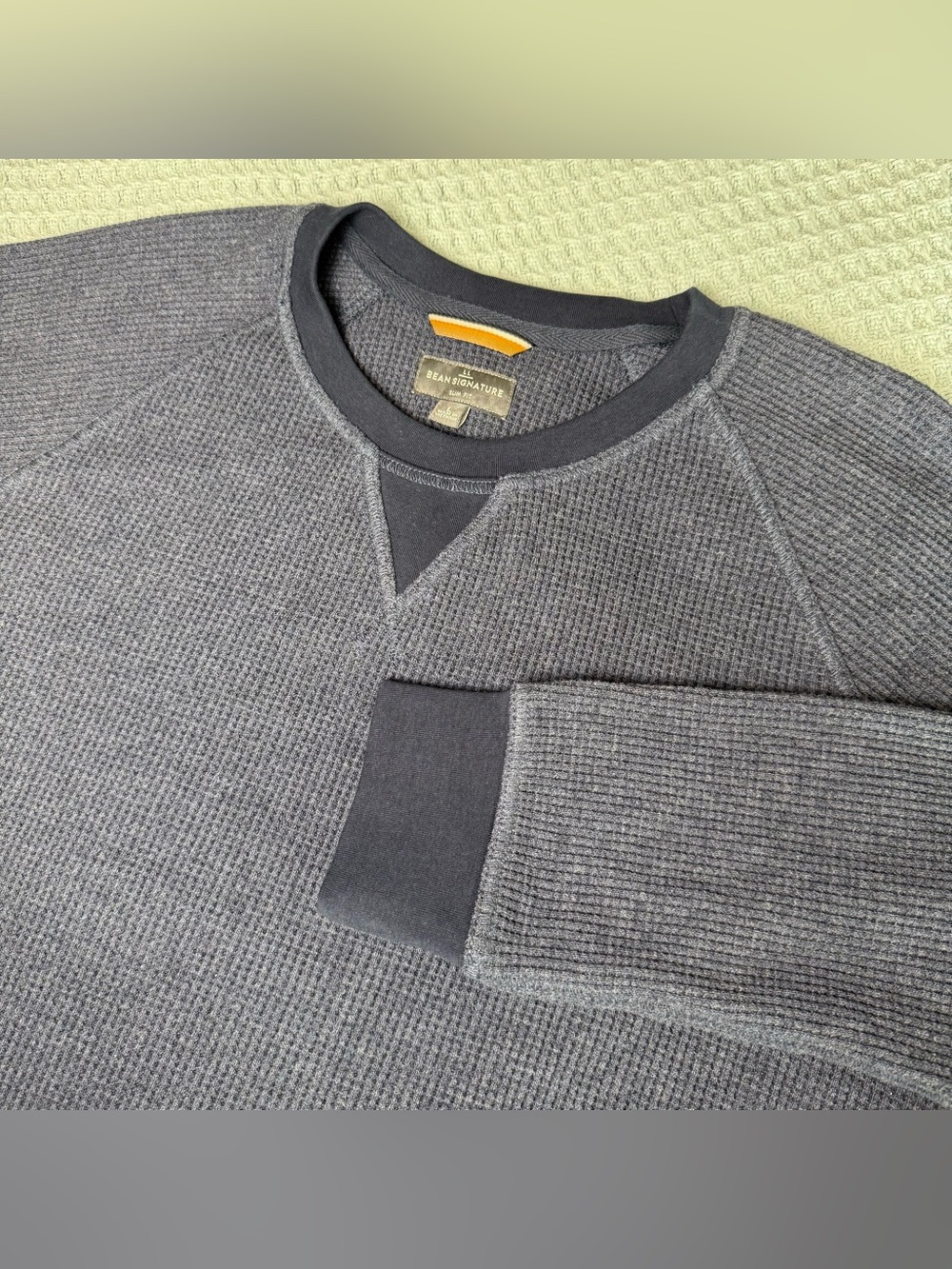 NWT LL Bean Signature Waffle Crew Mens Large Indigo Heather Blue Thermal Shirt